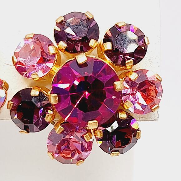 Vintage Made in Austria Pink Rhinestone Earrings Clip On Mid Century Jewelry - Picture 5 of 10